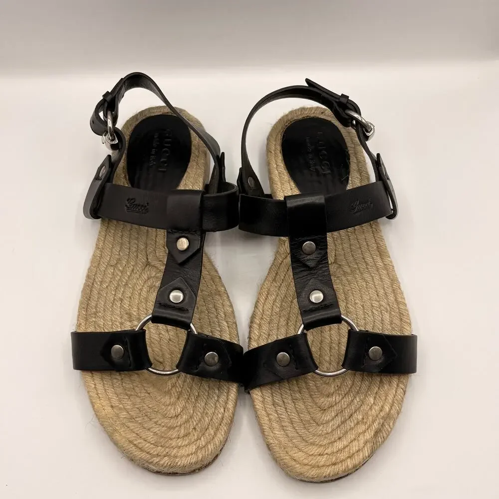 GUCCI Leather O-Ring Fisherman Espadrille Sandal Black Sz 10.5 $995